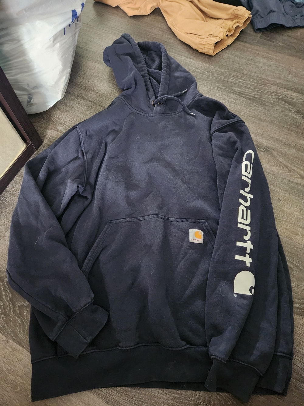 Carhartt Navy Pullover Hoodie with Sleeve Logo Medium